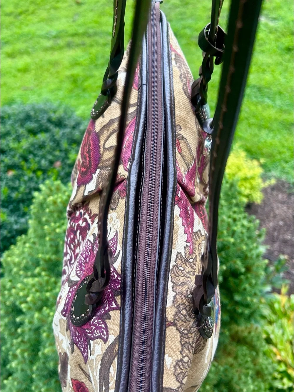 Brighton Floral Tapestry Leather Shoulder Bag Tote Silver Heart Charm